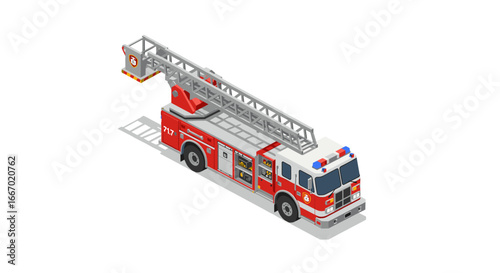Isometric fire truck with ladder and red details in 3d style