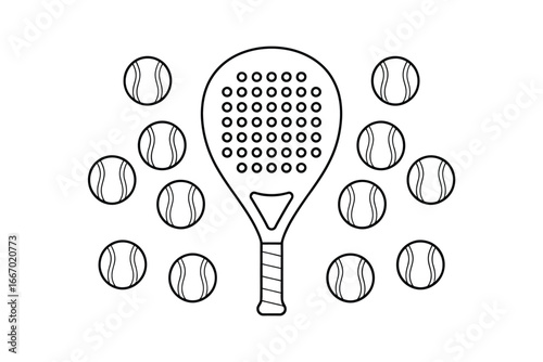 Padel racket surrounded by padel balls illustration