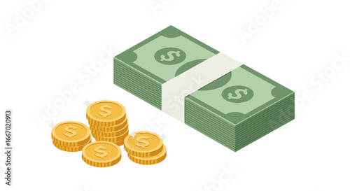 Isometric stack of money with coins on white background