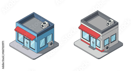 Isometric small shops with air conditioners and red awnings