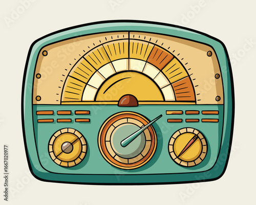 Vector art of a vintage retro radio with multiple dials and a large tuning display, representing oldfashioned audio technology and communication
