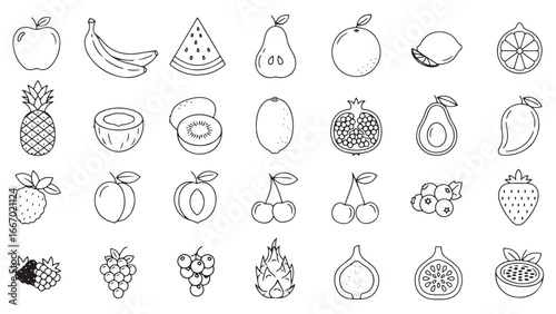Fruits and vegetable icon set. Containing apple, banana, orange, grape, strawberry, watermelon, tomato, cucumber, cauliflower, eggplant, radish, mushroom, and more. Vector illustration