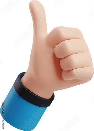 3D Cartoon Hand Giving Thumbs Up Gesture with Blue Sleeve and Black Band on White Background