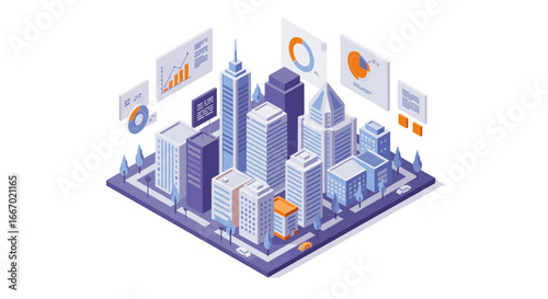 Isometric smart city landscape with data analytics interface