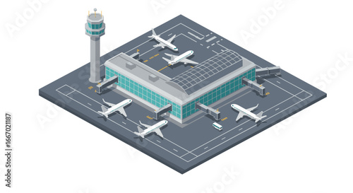 Modern isometric airport terminal with airplanes and control tower