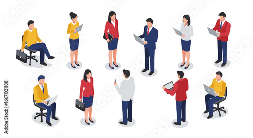 Isometric business team in office attire collaborating