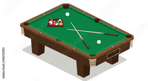 Isometric pool table with cue sticks and billiard balls on green felt surface