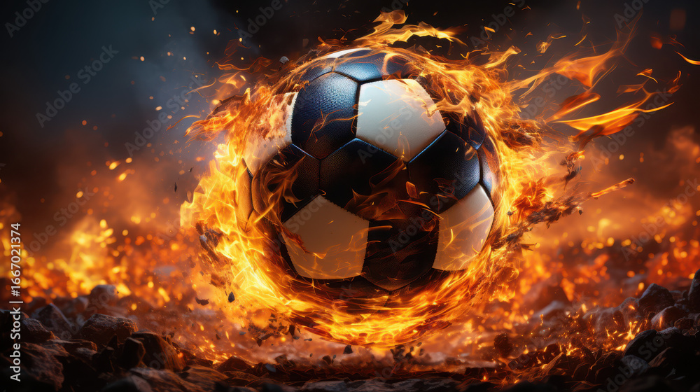 Fototapeta premium A soccer ball engulfed in flames, symbolizing intense passion, energy, and the thrill of the game
