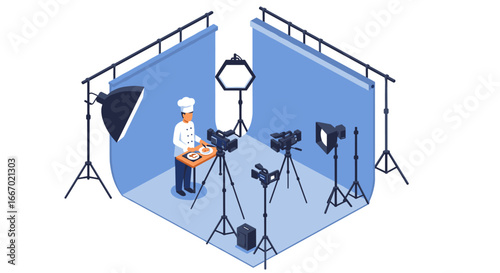 Chef preparing dish in professional photography studio with camera equipment