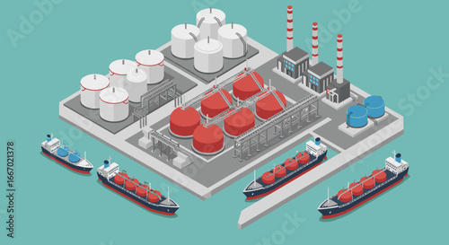 Isometric port with tankers and industrial facilities on a turquoise background