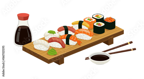 Isometric japanese cuisine: sushi platter with soy sauce and chopsticks