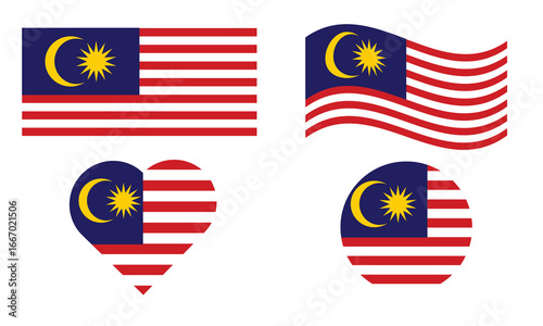 Malaysia flag round circle sticker badge, heart-shaped icon. Malaysian flag buttons of different shapes. Vector illustration isolated on white.