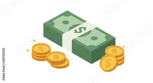 Isometric stack of cash and coins with dollar symbol on white background