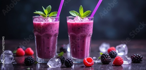 Wallpaper Mural Two glasses of refreshing berry smoothies, packed with raspberry, blackberry, topped with ice cubes, fresh mint leaves. Garnished with whole berries, mint sprigs, drinks offer vibrant, delicious, Torontodigital.ca
