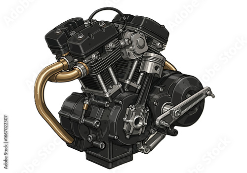 Detailed Illustration of a Black Motorcycle Engine with Golden Pipes.
