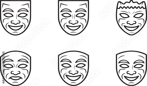 Collection of six theatrical comedy and tragedy masks isolated on white background