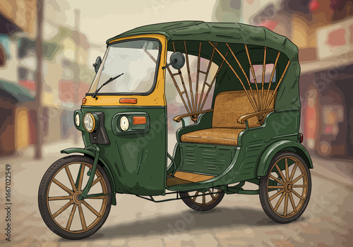 Vintage Green and Yellow Auto Rickshaw Illustration.