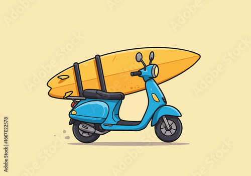 Blue Scooter Carrying a Yellow Surfboard Illustration.