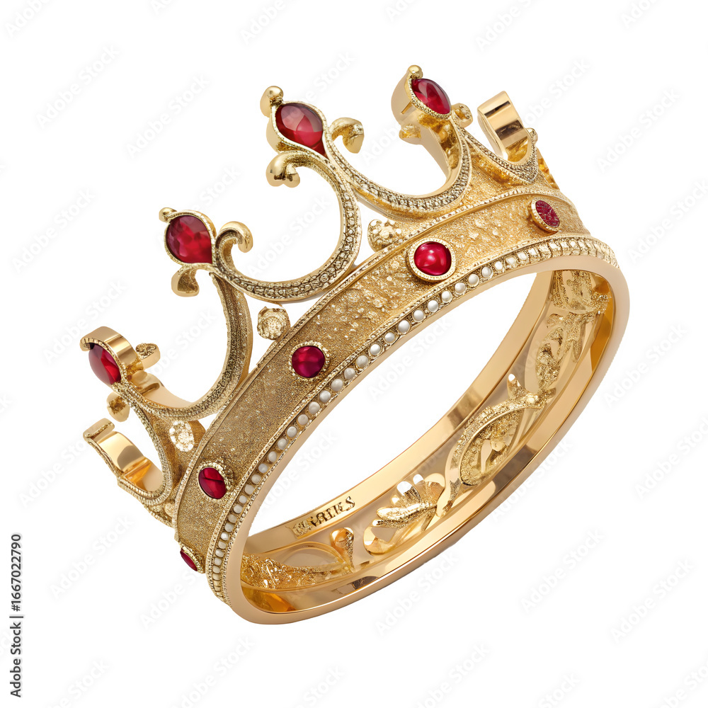 Obraz premium Ornate gold crown adorned with red gemstones on a black background