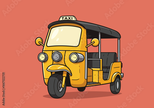 Cartoon Yellow Auto Rickshaw Taxi Illustration.