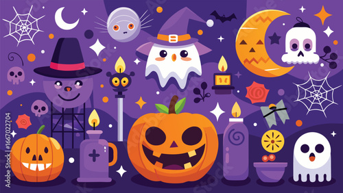 Vibrant halloween scene with classic spooky elements and festive colors