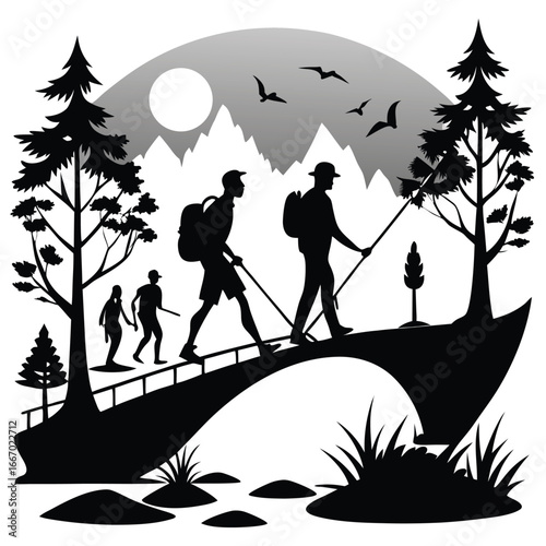 Silhouette Illustration of People Hiking on a Bridge in a Mountainous Landscape with Birds