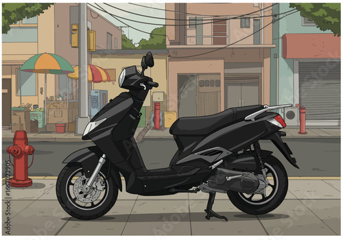 Sleek Black Scooter Parked on City Street Cartoon Style.