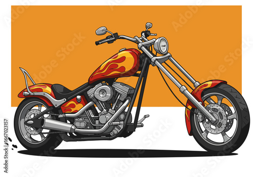 Cartoon Style Chopper Motorcycle with Flame Graphics.
