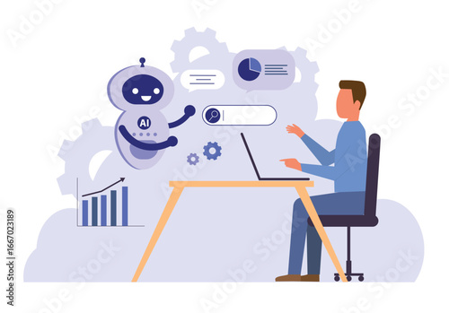 Businessman with laptop working with chat bot. Working together with AI Artificial Intelligence, human cooperate with machine or robot, AI help or support coworker
