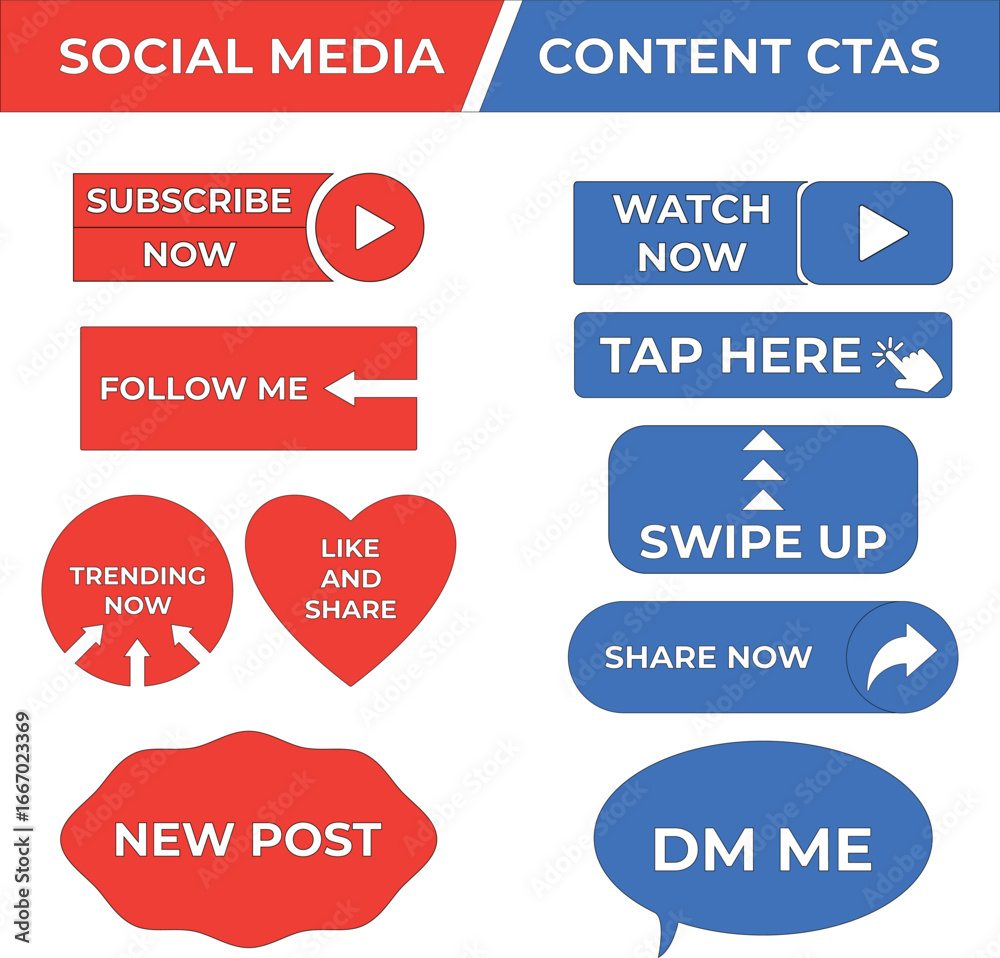 Obraz premium Social Media CTA Buttons Vector Set – Like, Share, Follow, Subscribe, New Post, Trending, Swipe Up, Tap Here, Watch Now - Call to Action Icons, Labels and Badges for Web, App and Marketing Design