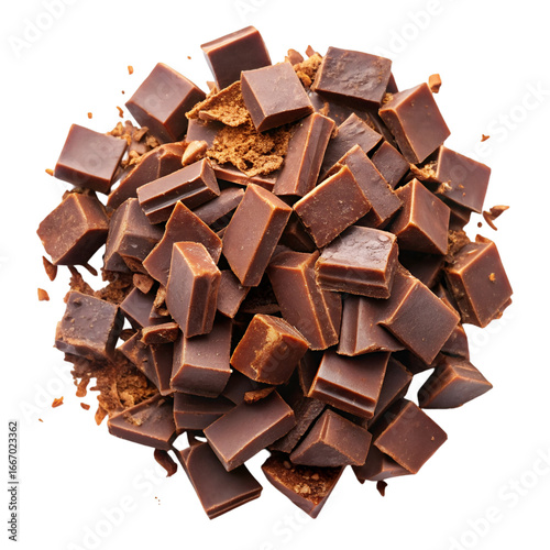 Chopped and milled chocolate pile isolated on white background top view perfect for dessert visuals
