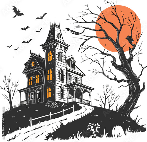 A Spooky Victorian Mansion Under a Full Halloween Moon