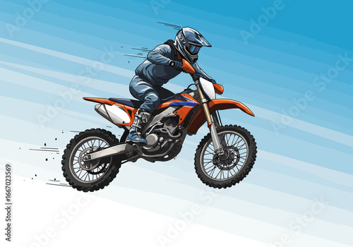 Motocross Rider in Mid-Air Jump on Orange Dirt Bike.