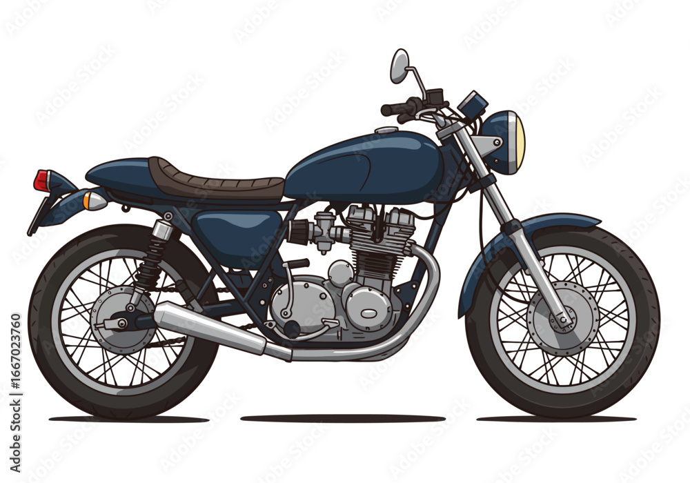 Fototapeta premium Blue Classic Motorcycle Illustration with Detailed Engine and Spoked Wheels.