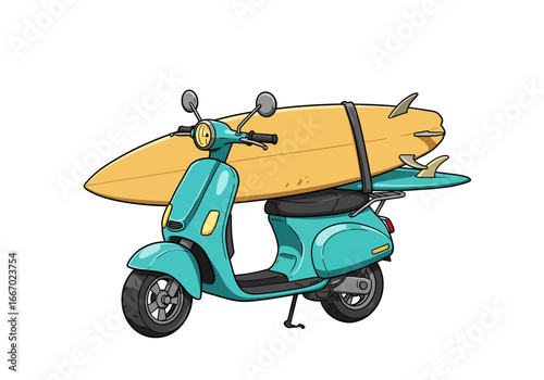 Teal Scooter with Surfboard: Summer Beach Transportation Illustration.
