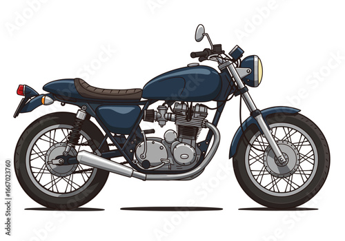 Blue Classic Motorcycle Illustration with Detailed Engine and Spoked Wheels.