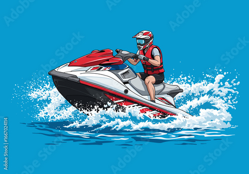 Person riding a red and white jet ski on water.