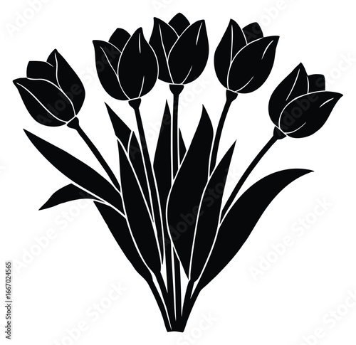 Elegant black and white tulips bouquet illustration with detailed leaves background