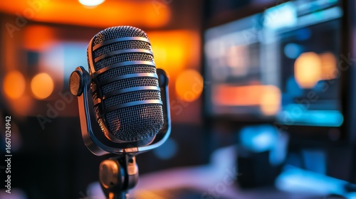Microphone on a stand near a computer