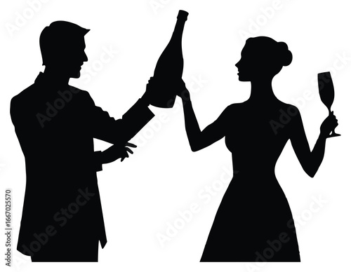 Elegant couple celebrating with champagne in silhouette style design art