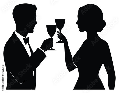Elegant couple silhouettes toasting with wine glasses for celebration or anniversary