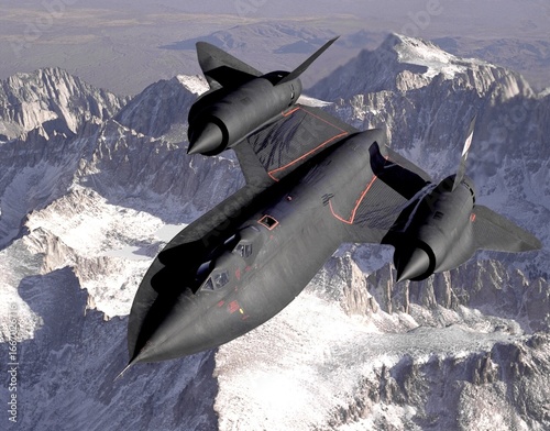 SR-71 Blackbird supersonic jet aircraft soaring majestically over snow-capped mountain range