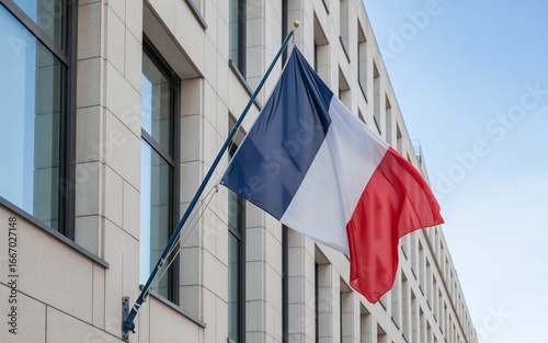 French flag mounted on a pole attached to a modern building facade