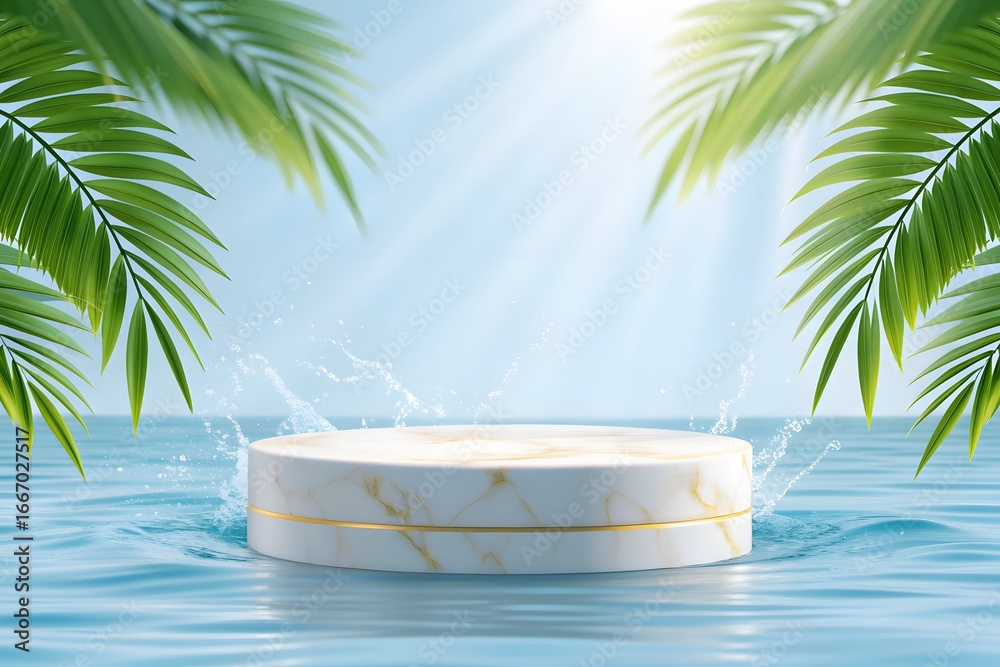 Obraz premium Tropical White Marble Pedestal on Water with Sunlight