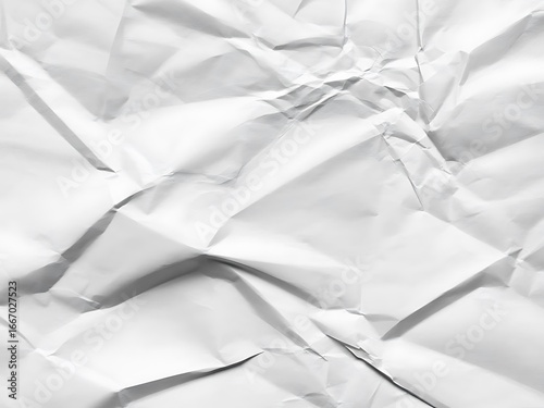 Close up of textured white crumpled paper background with shadows and highlights