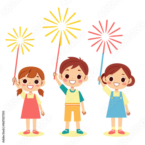 Children celebrate with sparklers on a festive night
