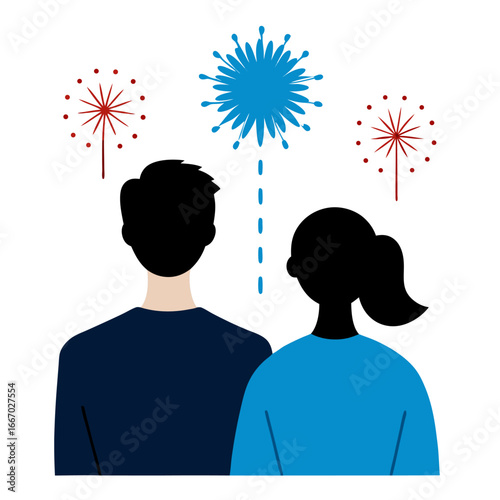 Romantic couple admiring fireworks display on white background
