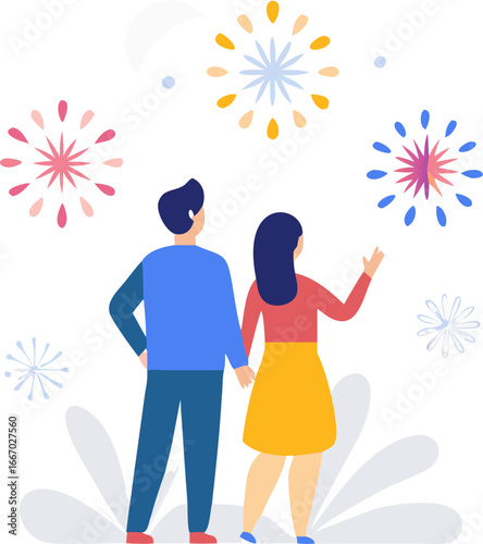 Romantic couple admiring fireworks display