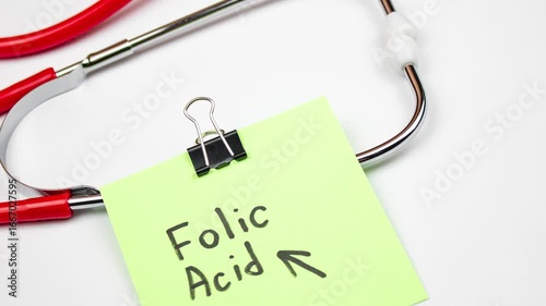 Folic acid text, inscription on a sheet with a stethoscope on a white background, concept of folic acid use, animation