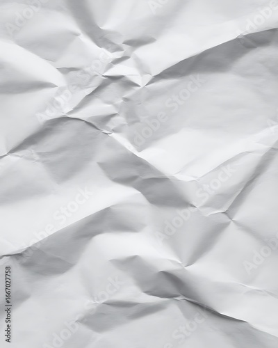 Close up of textured white crumpled paper background with shadows
